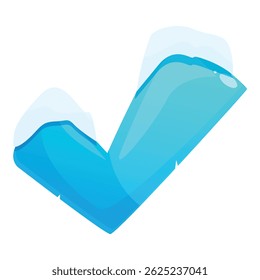 Blue check mark covered with snow symbolizing winter, approval or success