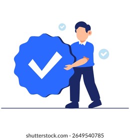 A blue check mark held by a character, representing positive approval, success, certification, and professional trust in business or personal achievements.