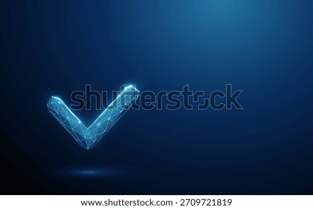 Blue check mark icon. Approval, correctness, completed task, positive feedback, agreement, acknowledgment, compliance, verification process concept Low poly digital futuristic wireframe style. Vector.