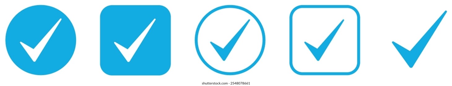 Conjunto de Botón de icono de marca de verificación azul. Icono de la insignia verificado Icono de la marca de verificación aprobado por el Vector. Círculo y cuadrado. Ilustración vectorial