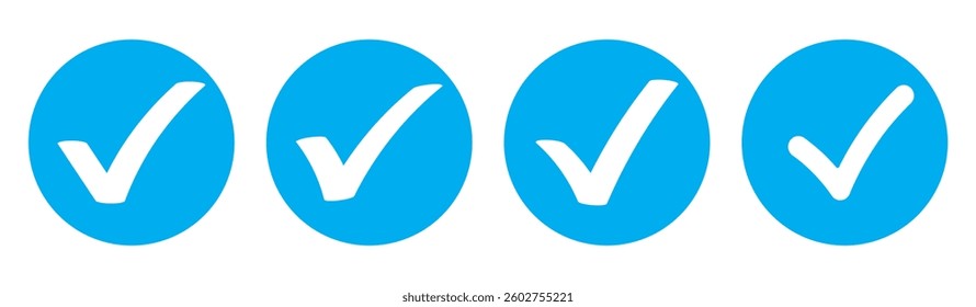 Blue check mark icon. Profile verified badge. Check mark correct icon. Blue checkmark in circle for checklist. Ok button, checkbox flat style isolated. Blue tick symbol. 