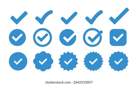 Blue Check Mark Icon Set – Approval, Verified, Success Symbols Collection. Vector illustration eps 10