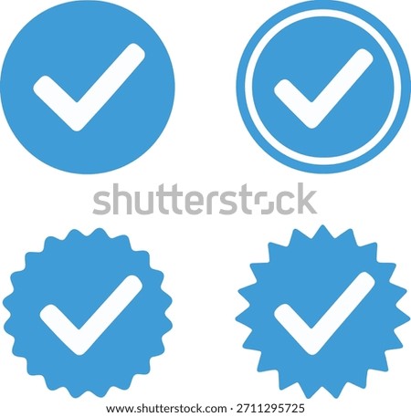 Blue check mark icons, verified tick icons, approval and confirmation symbols for digital interface and secure verification design