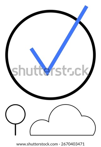 Blue check mark inside a black circle, accompanied by simple black outlines of a tree and a cloud. Ideal for success, approval, completion, agreement, validation, task management, eco-friendly