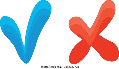 Blue check mark and red cross, yes and no symbol. Isolated image.
