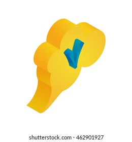 Blue check mark in speech bubble icon in isometric 3d style isolated on white background