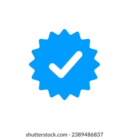 Blue check mark tick verification icon symbol. Confirm checkmark label approval quality product verification blue tick