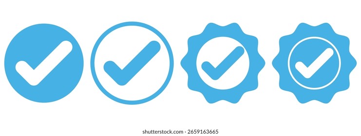 Ícone de verificação de marca de seleção azul. Conjunto de marca de seleção verde, ícone de marca x cruz vermelha, ilustração vetorial de conceito de sinal simples e arredondado direito e errado. símbolo de marca de escala e ícone x cruz. Marca de seleção verde
