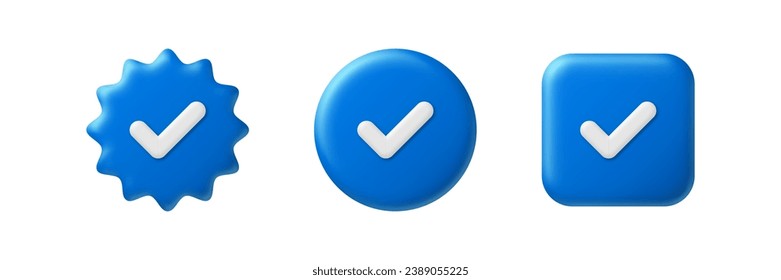 Blue check mark. Verified social media account 3D icons. Approved profile sign. Tick in blue star, circle and rectangle. Top page, safety person vector illustration. Verification or approval