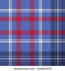Blue check plaid pixel fabric seamless texture. Vector illustration.