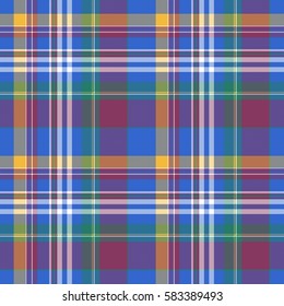 Blue check plaid tartan seamless fabric texture. Vector illustration.