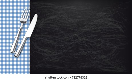 Blue checked picnic blanket on the blackboard table with fork and knife. Eps 10 vector file.