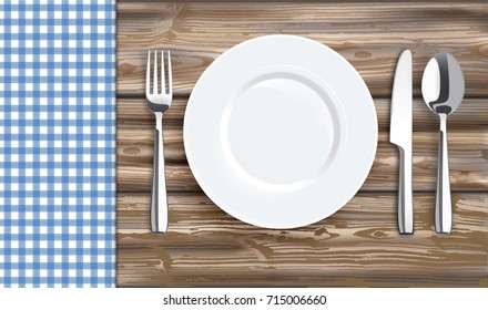 Blue Checked Picnic Blanket With Wooden Table With Plate, Fork And Knife. Eps 10 Vector File.