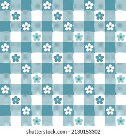 Blue checker pattern on white background. Blue and white flowers in blue square boxes pattern. Vertical and horizontal crossing lines on white background.