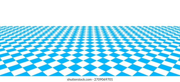 Blue checkerboard floor in perspective. Pool checkered tile pattern background. Retro horizontal chess board grid plane surface. Vintage empty bath room checker stage. Vector kitchen floor