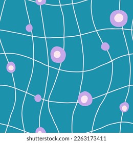 Blue checkerboard seamless pattern with purple dots. Retro groovy waves. Geometry. Y2K 90s 00s psychedelic texture for textile, paper, fabric. Twisted check vector. Simple abstract hypnotic surface 