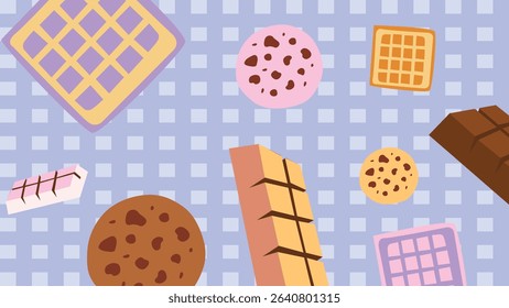 Blue checkered background with chocolate bars, cookies, and waffles in a sweet and indulgent breakfast snack layout.