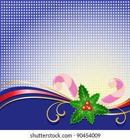 blue checkered background with Christmas holly and licorice sticks