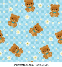 Blue checkered floral seamless pattern with teddy bear