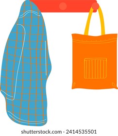 Blue checkered kitchen towel on a hanger next to an orange shopping tote bag. Kitchen accessories and eco-friendly shopping concept vector illustration.