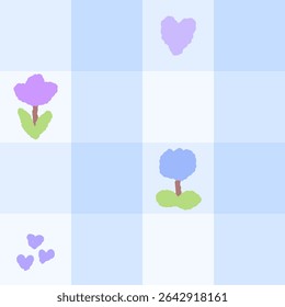 blue checkered pattern with flowers and hearts – cute feminine baby nursery background

