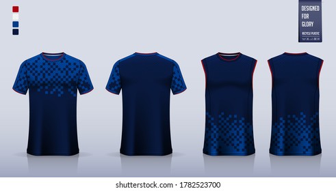 Blue Checkered pattern T-shirt mockup or sport shirt template design for soccer jersey or football kit. Tank top for basketball jersey or running singlet. Sport uniform in front view back view. Vector