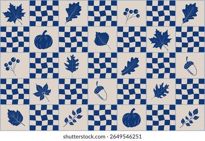 Patrón azul a cuadros sin fisuras para el otoño. Hoja de otoño, flor de otoño, frutas de otoño. impresión de Vector