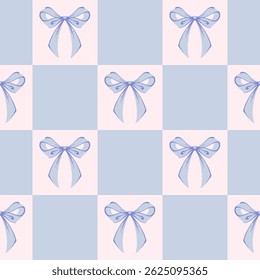 Blue Checkered Seamless Pattern with Ribbon Bows. Coquette, Vintage and Romantic design. Playful background for feminine projects, vintage wrapping paper, textiles, and Valentines Day