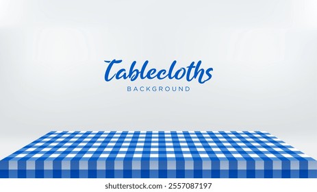 Blue Checkered tablecloths on square tables in white room