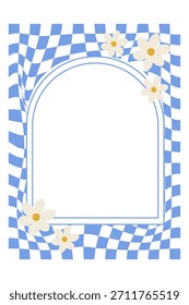 Marco ondulado a cuadros azul con flores crema en estilo retro moderno. Ideal para carteles, Plantillas, diseño de impresión, diseños digitales y decoración. Ilustración vectorial