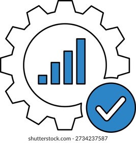 Blue checkmark in circle next to rising bar graph inside gear outline cogwheel chart