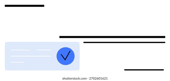 Marca de verificación azul en un círculo azul, superpuesta sobre fondo claro con líneas Horizontales negras. Ideal para autenticación de usuario, verificación de datos, Aprobación digital, insignias de seguridad, diseño de interfaz de usuario, calidad