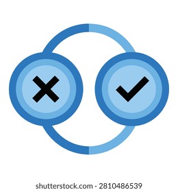 Blue checkmark and cross symbol buttons for yes no or true false decision concept icon