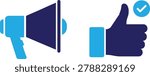Blue checkmark icon next to blue folder with data symbol on side, vector illustration