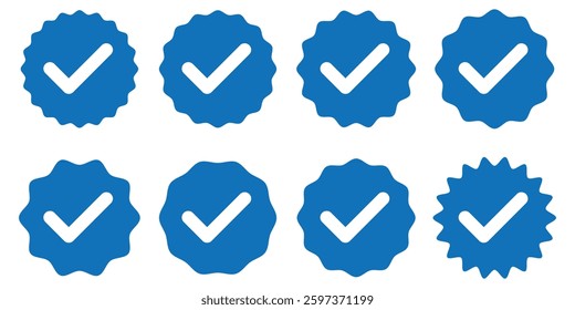 Blue checkmark icon set. Check box icon with correct, accept checkmark icons blue tick. Blue tick mark icon vector set.
