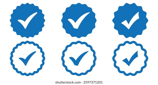 Blue checkmark icon set. Check box icon with correct, accept checkmark icons blue tick. Blue tick mark icon vector set.