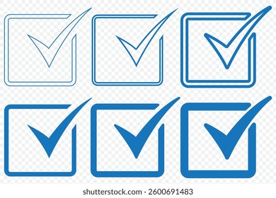Blue checkmark icon set. Check box icon with correct, accept checkmark icons blue tick. Blue tick mark icon vector set. EPS 10.