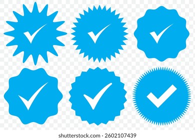 Blue checkmark icon set. Blue check mark. Social media FB and Whatsapp account verification icons. Approved check mark with tick symbol. Blue flat design vector illustration. EPS 10.