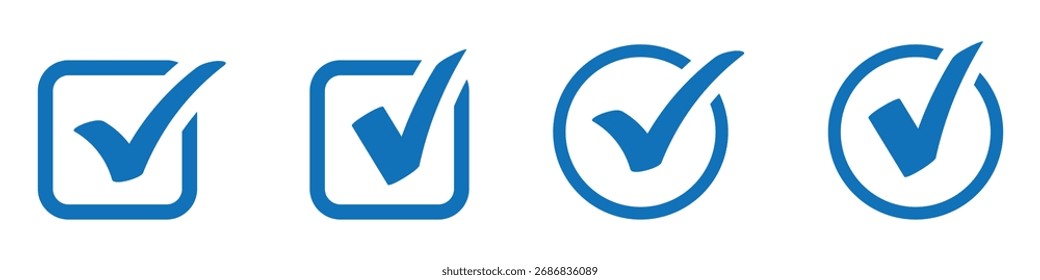 ícone de marca de seleção azul definido. Marca de seleção azul. Ícones de verificação de conta de mídia social. Marca de seleção aprovada com símbolo de tique. Ilustração de vetor de design plano. EPS 10