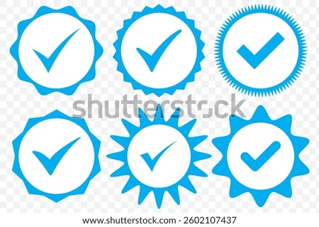 Blue checkmark icon set. Blue check mark. Social media FB and Whatsapp account verification icons. Approved check mark with tick symbol. Blue flat design vector illustration. EPS 10.