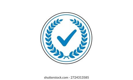 Una marca de verificación azul dentro de un emblema de un círculo de corona de laurel, que simboliza la Aprobación, la calidad, la verificación y el éxito.