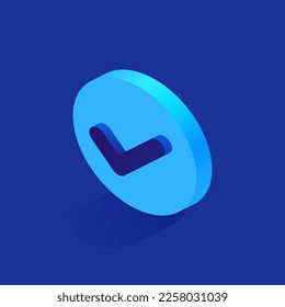 Blue checkmark on button icon in isometric view. Approval, agreement, consent symbol. Tick sign in to-do list. Confirmed deal, positive decision. Vector illustration isolated on white background
