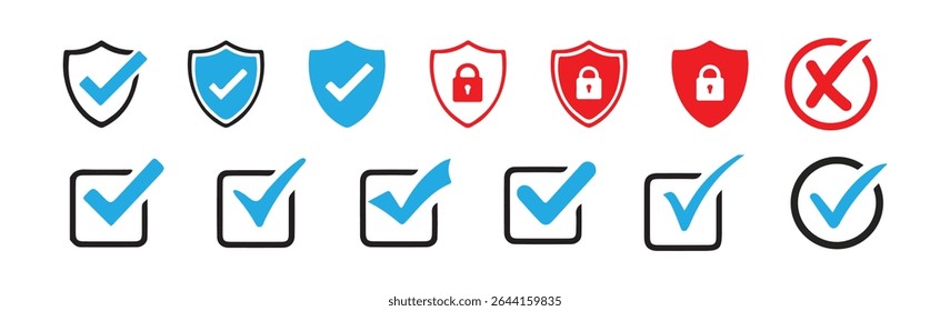 Blue checkmark and security shield icon set. Vector illustration eps 10