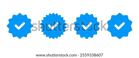 Blue checkmark starburst icon set. Verification label vector illustration. Approved quality mark symbol. Correct badge, stamp and sticker. Guarantee certificate emblem. Certified checkmark sign.