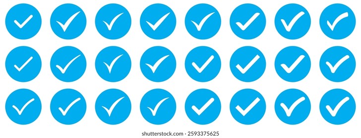 Blue checkmark verification icon set. Check mark icons set. Check marks symbol collection. Check marks big collection. Tick icon. Check marks different shape. blue tick verified batch button. 