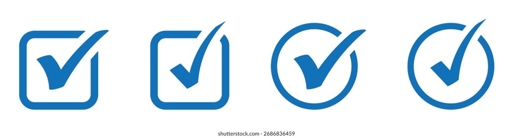 Blue checkmark verification icon set. Check mark icons set. Check marks symbol collection. Check marks big collection. Tick icon. Check marks different shape. Blue tick verified batch button.
