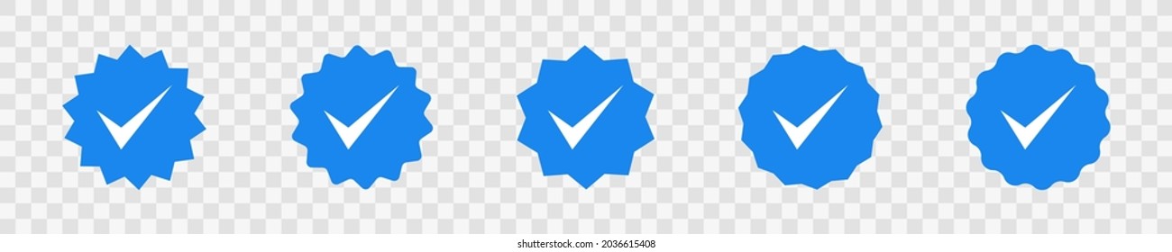 Blue checkmarks set on transparent background. Blue ticks. Profile verification signs. Account verification signs collection. Confirmation secces symbol. Checkbox button icon set.Vector graphic EPS 10