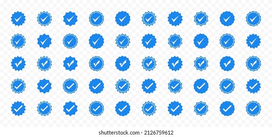 Blue checkmarks set on transparent background.Account verification signs collection. Blue ticks. Vector graphic EPS 10