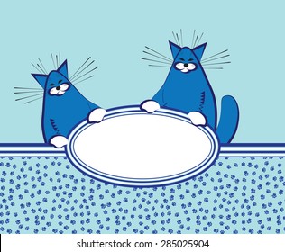 Blue cheerful background with two curious cats