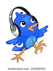 Blue cheerful birdie with a headphones on the white background.